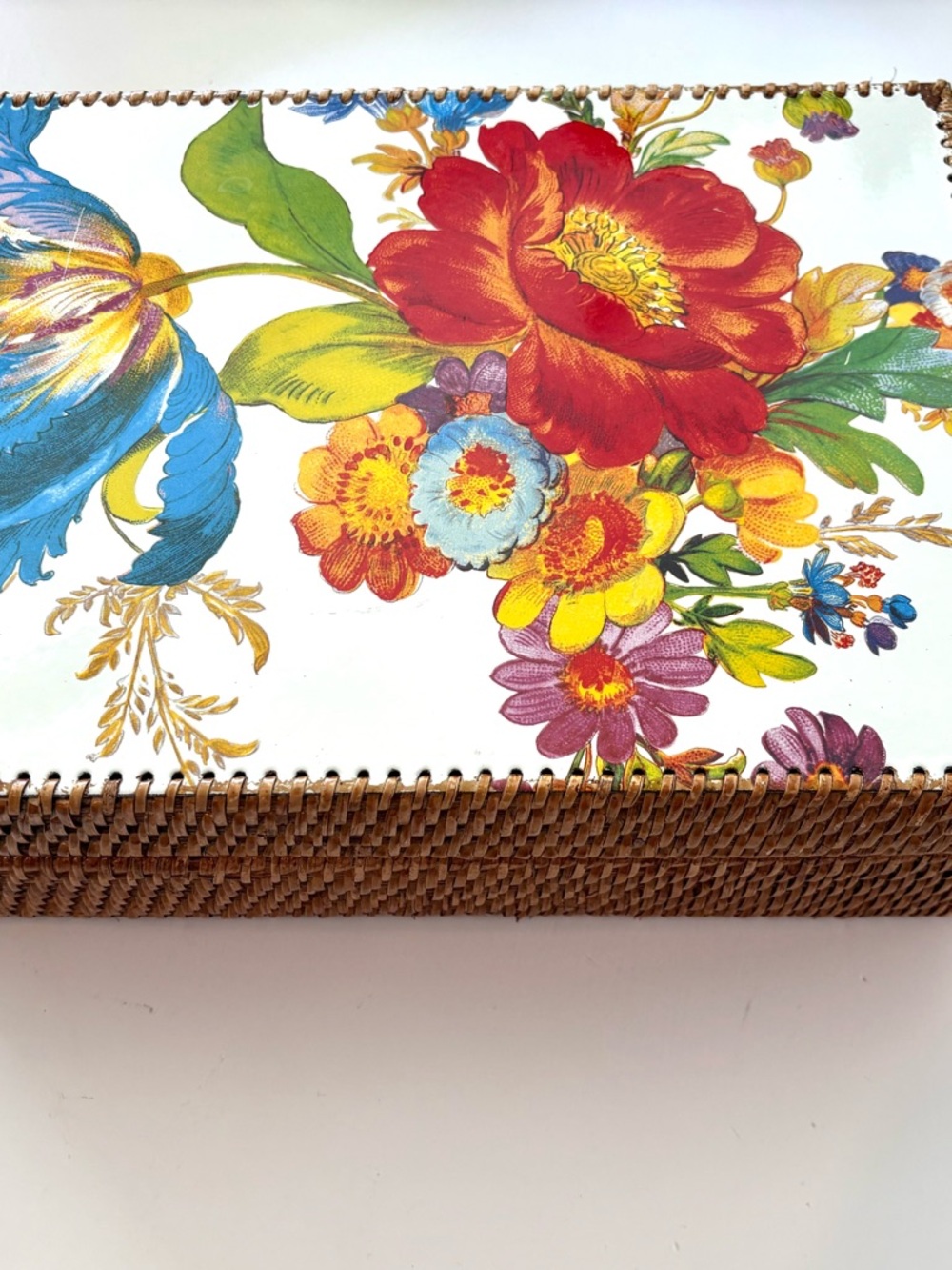 MacKenzie-Childs Rattan Flower Market Box with Red, Yellow, Blue, Green floral